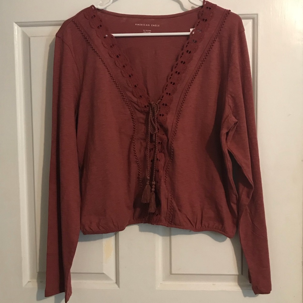 American Eagle Peasant Tie Top Soft Red Eyelet Lace-up